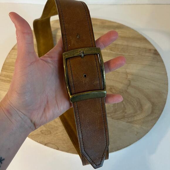 Vintage 90s Soft Tan Genuine Leather Chunky Brass Buckle Belt Size M/L - Picture 11 of 12